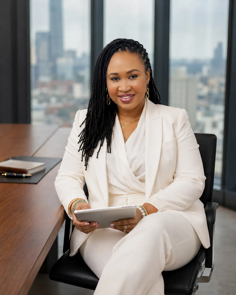 Jessica, founder of SteadyStrides Consult Nigeria, working in a modern boardroom